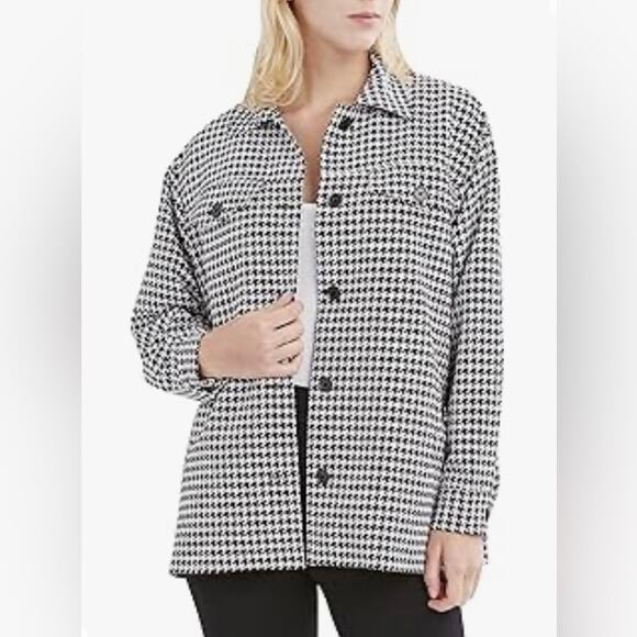 BCBGeneration Long Button Up Jacket Shacket Houndstooth Black White Office Sz M - Picture 3 of 16